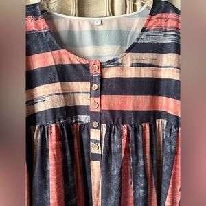Button-Front Striped Midi Dress in Navy and Coral. Shoulder to bottom - 48”, L